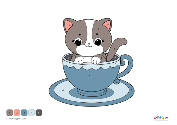 Kitten peeking out of a tea cup, playful animal colour by number illustration for kids.