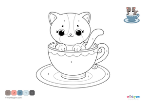 Kitten peeking out of a tea cup, playful animal colour by number illustration for kids.