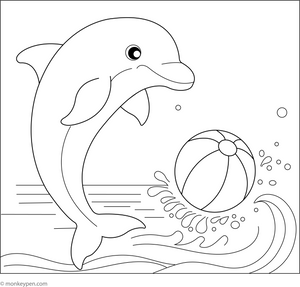 Dolphin with a Beach Ball coloring page – free printable for kids to color and enjoy