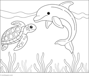Dolphin and Sea Turtle Friends coloring page – free printable for kids to color and enjoy