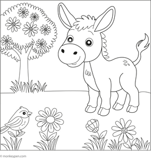 Happy Donkey in a Field coloring page – free printable for kids to color and enjoy