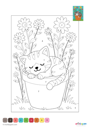 Adorable sleeping kitten curled up, calming animal colour by number activity for children.