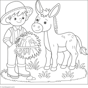Donkey with a Farmer coloring page – free printable for kids to color and enjoy