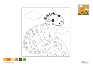 Crawling lizard on ground, reptile-themed colour by number illustration for kids