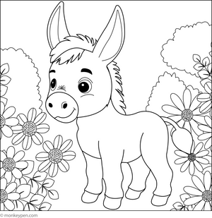 Donkey in a Flower Garden coloring page – free printable for kids to color and enjoy