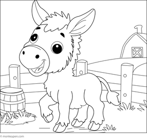 Happy Donkey in a Farmyard coloring page – free printable for kids to color and enjoy