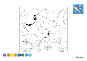 Prehistoric megalodon shark swimming in the ocean, ocean-themed colour by number page for children.