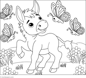 Donkey Playing with Butterflies coloring page – free printable for kids to color and enjoy