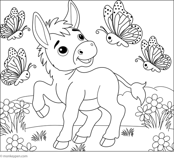 Donkey Playing with Butterflies coloring page – free printable for kids to color and enjoy