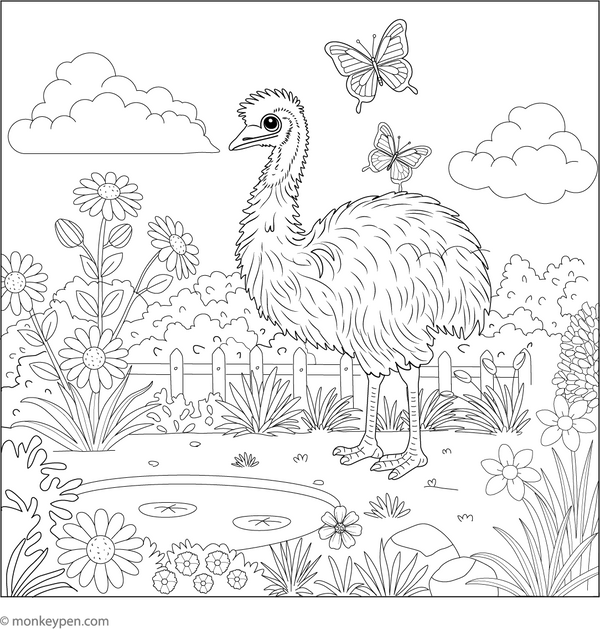 Emu in a Garden coloring page – free printable for kids to color and enjoy