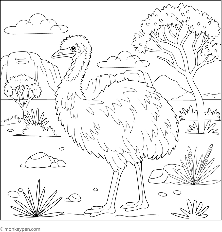 Emu in the Outback Coloring Page – Free PDF for Kids Fun