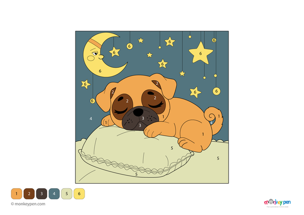 Resting pug peacefully sleeping, dog-themed colour by number activity for children