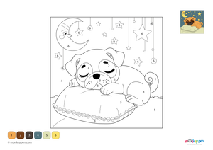 Resting pug peacefully sleeping, dog-themed colour by number activity for children