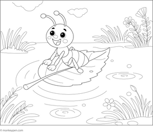 Ant and the Floating Leaf Ride Coloring Page
