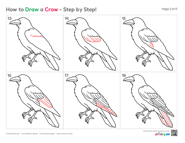 Smooth crow sketch demonstrating easy drawing steps.