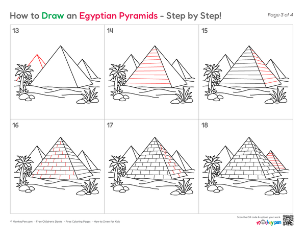 Easy Egyptian pyramids drawing for children to learn and color.