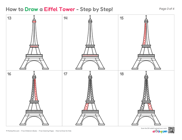 Smooth Eiffel Tower sketch demonstrating easy drawing steps.