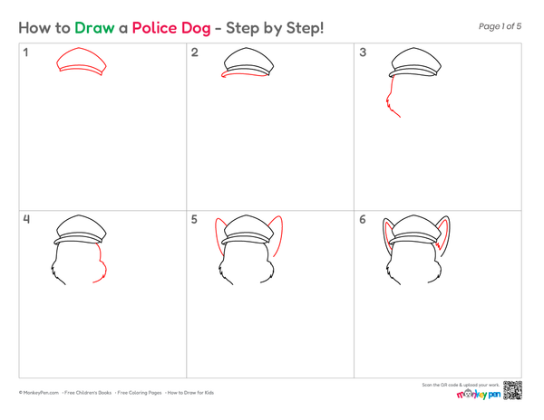 Simple police dog drawing worksheet showing the progression from basic outlines to the finished dog.
