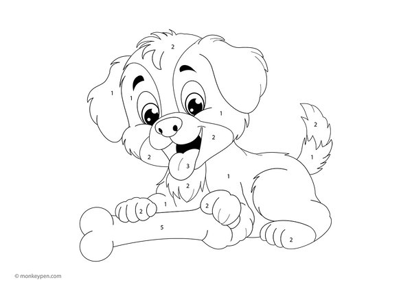 Free downloadable color-by-number PDF featuring a playful puppy holding a bone—great for children to practice number recognition and enjoy pet-themed creative learning.