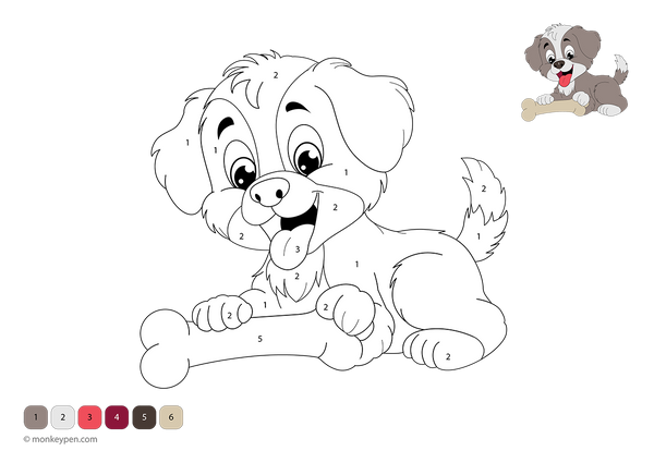 Free downloadable color-by-number PDF featuring a playful puppy holding a bone—great for children to practice number recognition and enjoy pet-themed creative learning.