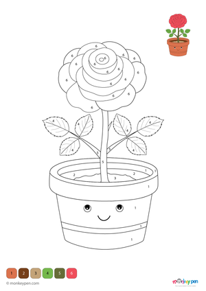 Blooming rose flower, floral colour by number activity for children.