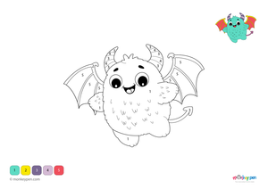 Friendly cartoon monster with cheerful features, fantasy colour by number page for kids.
