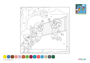 Volleyball illustration with children playing the game, sports-themed colour by number activity for children.
