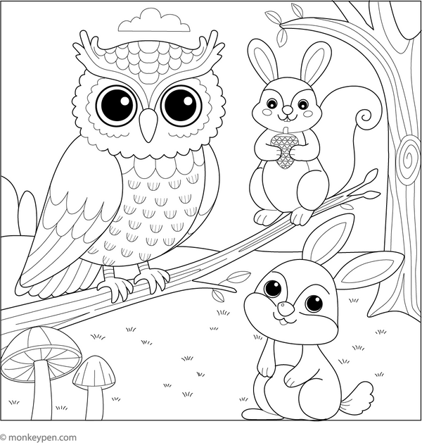 Owl with Forest Friends coloring page – free printable for kids to color and enjoy