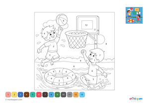 Basketball and hoop in a water play scene, sports-themed colour by number activity for kids