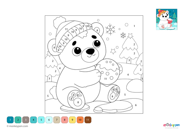 Polar bear playing in a snowy landscape, arctic animal colour by number page for children