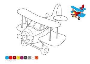 Color by number page depicting a cartoon airplane bowing in the sky, with numbered sections for coloring the plane, wings, and clouds.