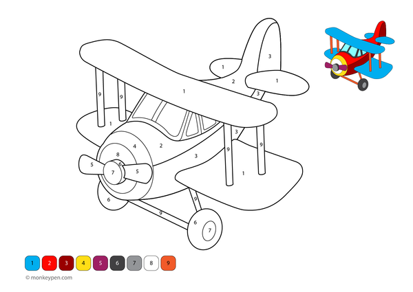 Color by number page depicting a cartoon airplane bowing in the sky, with numbered sections for coloring the plane, wings, and clouds.