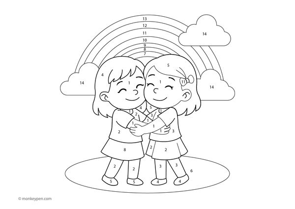 Color by number page showing two friends hugging, with numbered sections for coloring their clothes, faces, and the cheerful background.