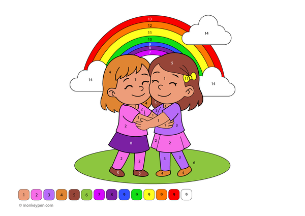 Color by number page showing two friends hugging, with numbered sections for coloring their clothes, faces, and the cheerful background.