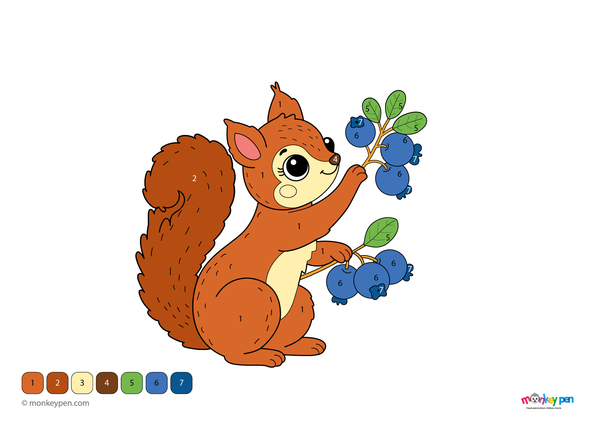Color by number worksheet showing a squirrel holding an acorn among trees, with numbered sections for coloring the animal and background.
