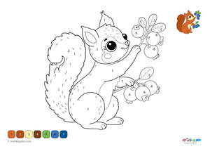Color by number worksheet showing a squirrel holding an acorn among trees, with numbered sections for coloring the animal and background.
