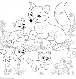 Playful Fox Family coloring page – free printable for kids to color and enjoy