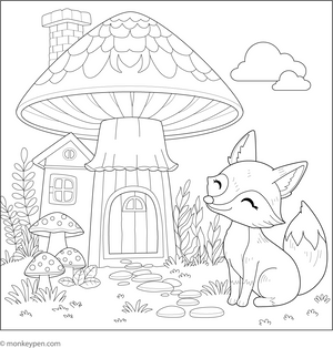 Fox and a Mushroom House coloring page – free printable for kids to color and enjoy