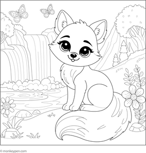 Fox and the Waterfall coloring page – free printable for kids to color and enjoy