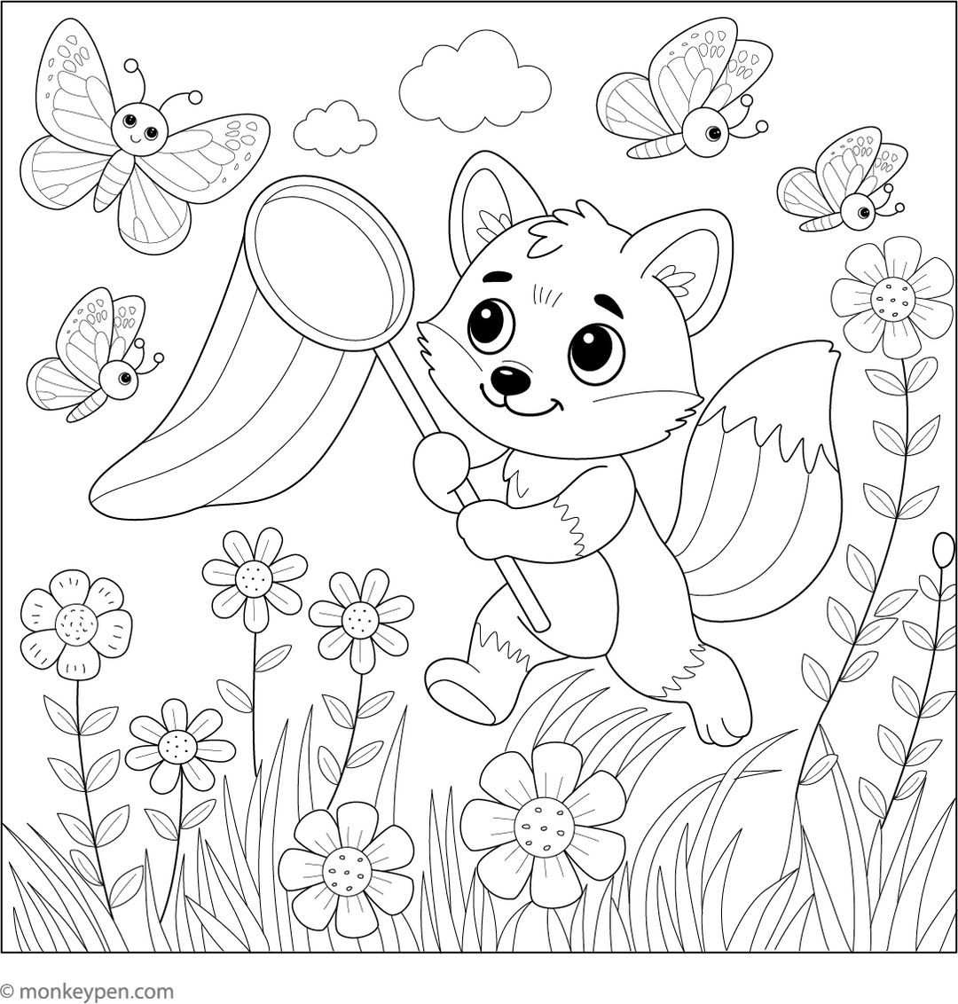 Fox and a Butterfly Net Coloring Page – Fun Activity for Kids
