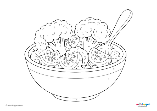 Color by number sheet featuring a bowl of salad with vegetables, including numbered areas for coloring the ingredients and background.
