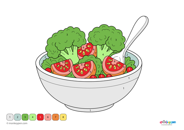 Color by number sheet featuring a bowl of salad with vegetables, including numbered areas for coloring the ingredients and background.
