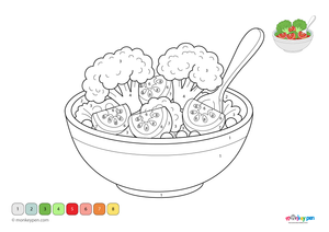 Color by number sheet featuring a bowl of salad with vegetables, including numbered areas for coloring the ingredients and background.
