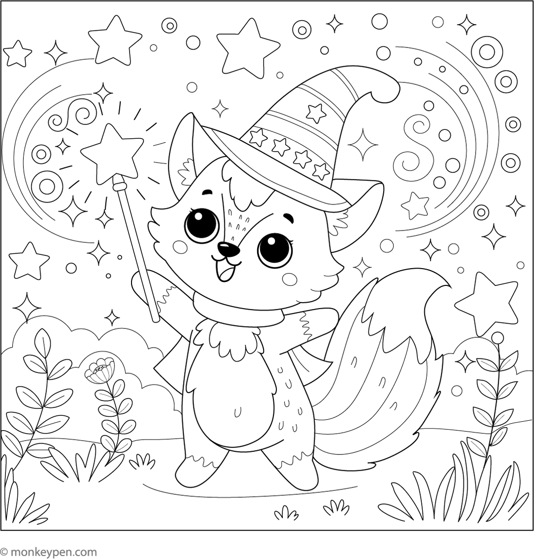 Fox and a Magic Wand Free Coloring Page Printable PDF