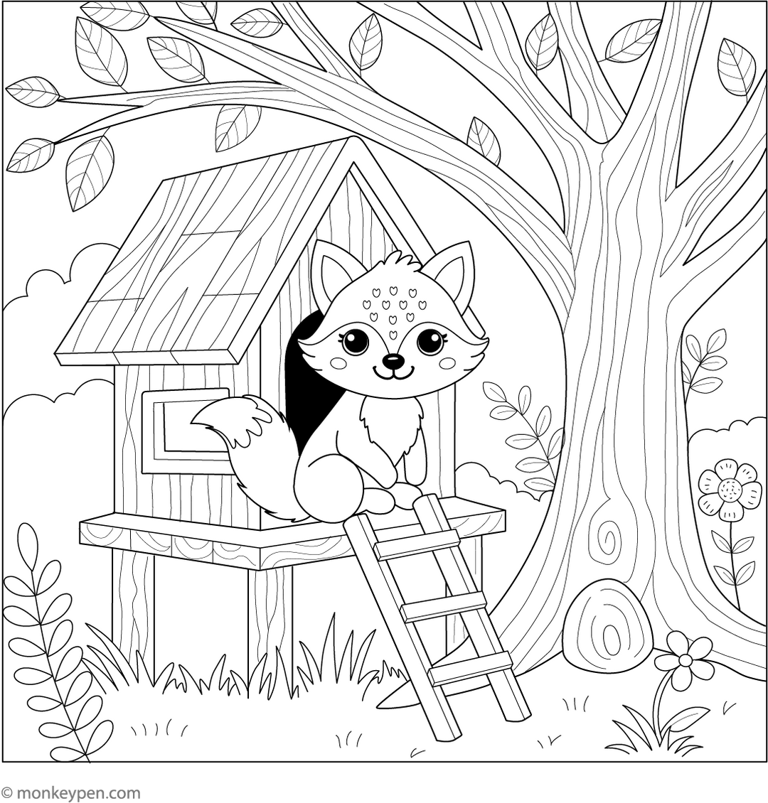 Fox in a Treehouse Coloring Page – Fun Printable for Kids