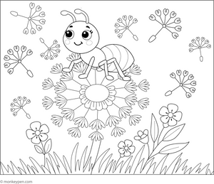 Ant on a Dandelion Puff Coloring Page