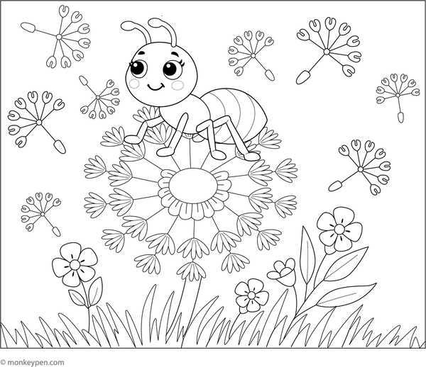 Ant on a Dandelion Puff Coloring Page
