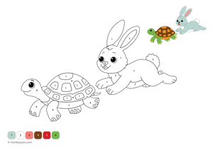 Free downloadable color-by-number page featuring the rabbit and tortoise in a classic story scene—kids can follow numbered sections to color the characters and background while learning about patience and perseverance.