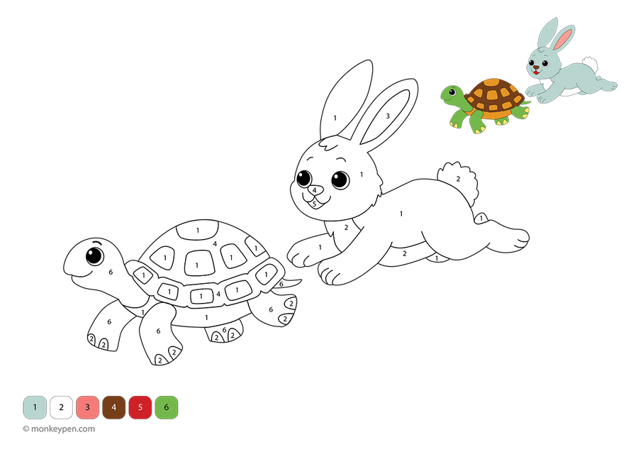 Rabbit and Tortoise Color by Number – Coloring Pages