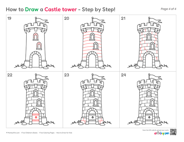 Easy castle tower outline drawing for kids